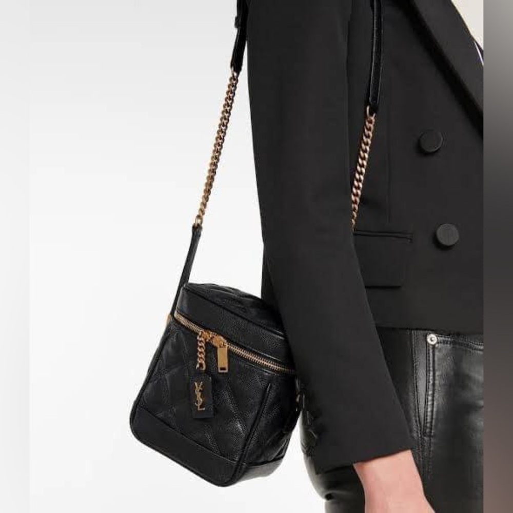 Like NEW! SAINT LAURENT YSL Black Quilted Grain De Poudre Leather 80s Vanity Bag - Picture 12 of 16